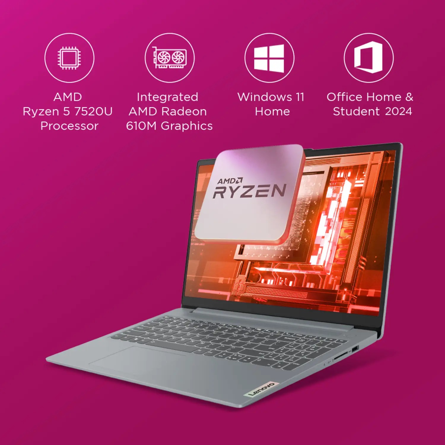 Lenovo IdeaPad Slim 3 with 1Yr ADP AMD Ryzen 5 Quad Core 7520U - (16 GB/512 GB SSD/Windows 11 Home) 15AMN8 Thin and Light Laptop (15.6 Inch, Arctic Grey, 1.62 kg, With MS Office) - Image 2